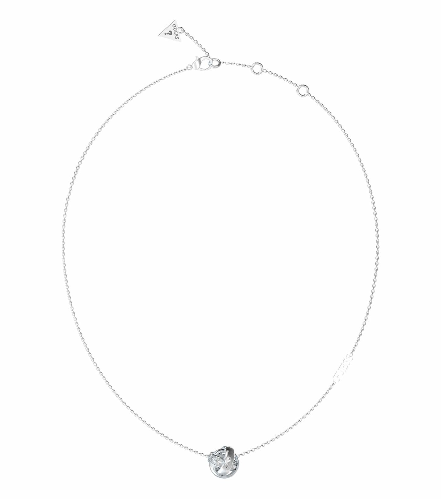 Silver GUESS Jewellery necklace with a bold circular pendant, angled frontal view, showcasing its sleek and modern design.