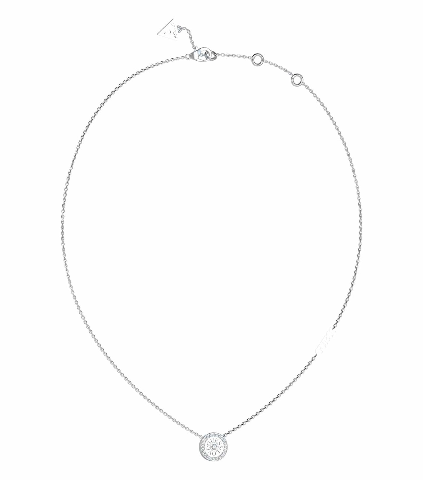 Gold-colored Guess Jewellery necklace on a black display, offering a close-up side angle view with intricate chain details.