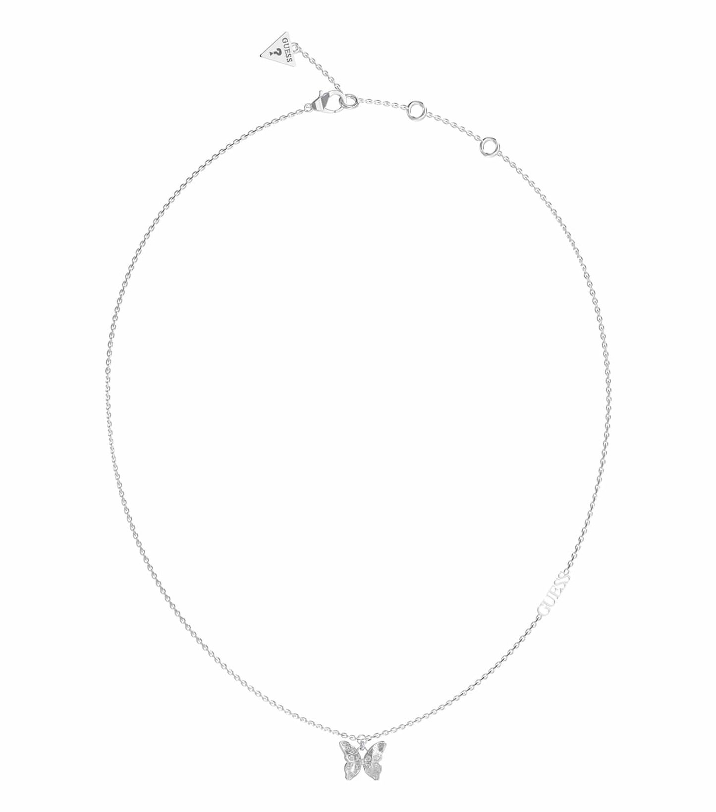 Guess Jewellery silver necklace strikingly displayed in an elegant open view, showcasing its intricate details and luxurious sheen.