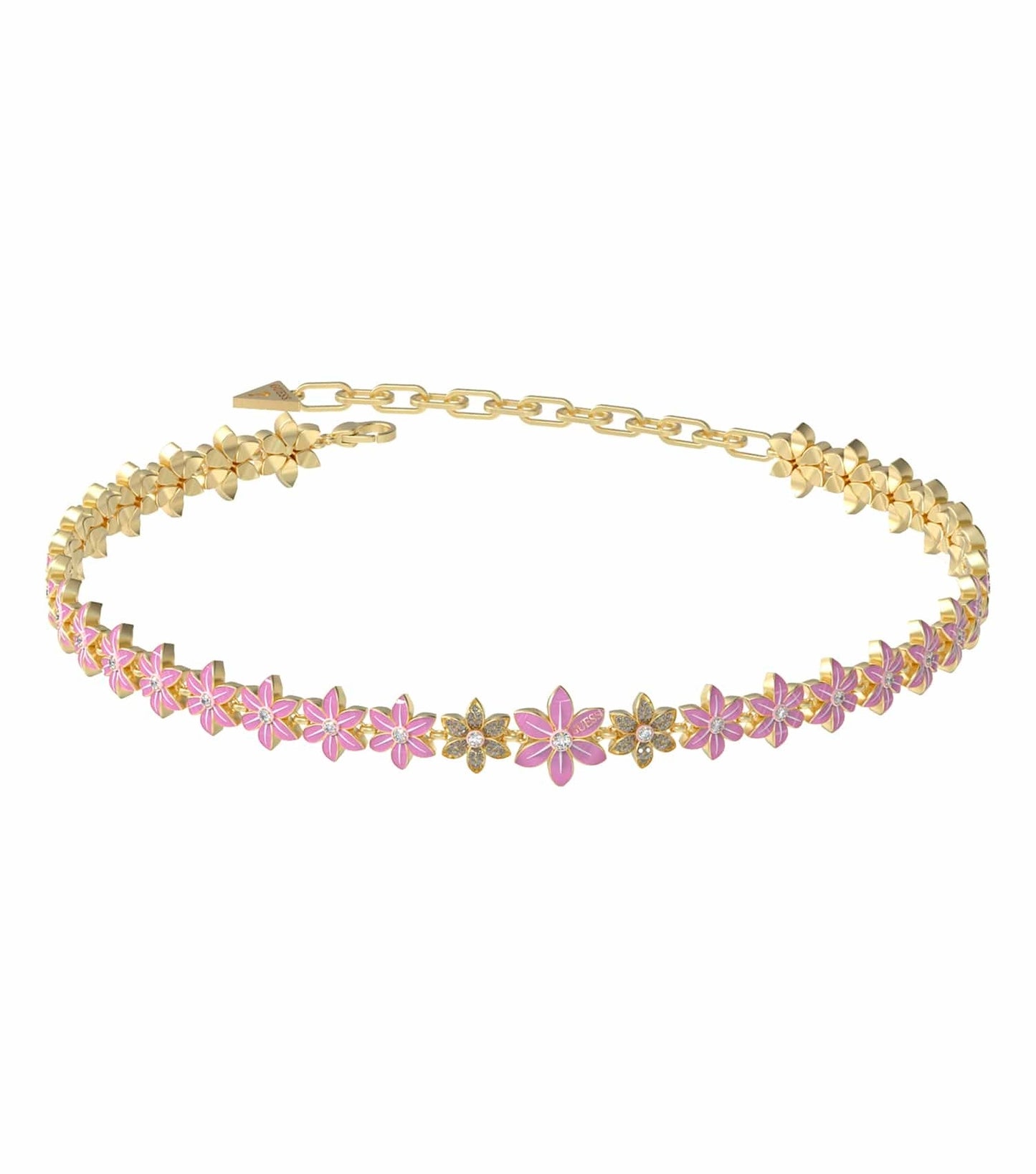 Guess Jewellery Pink Necklace, front angle view, featuring delicate chain design with elegant pendant, ideal for fashion enthusiasts.