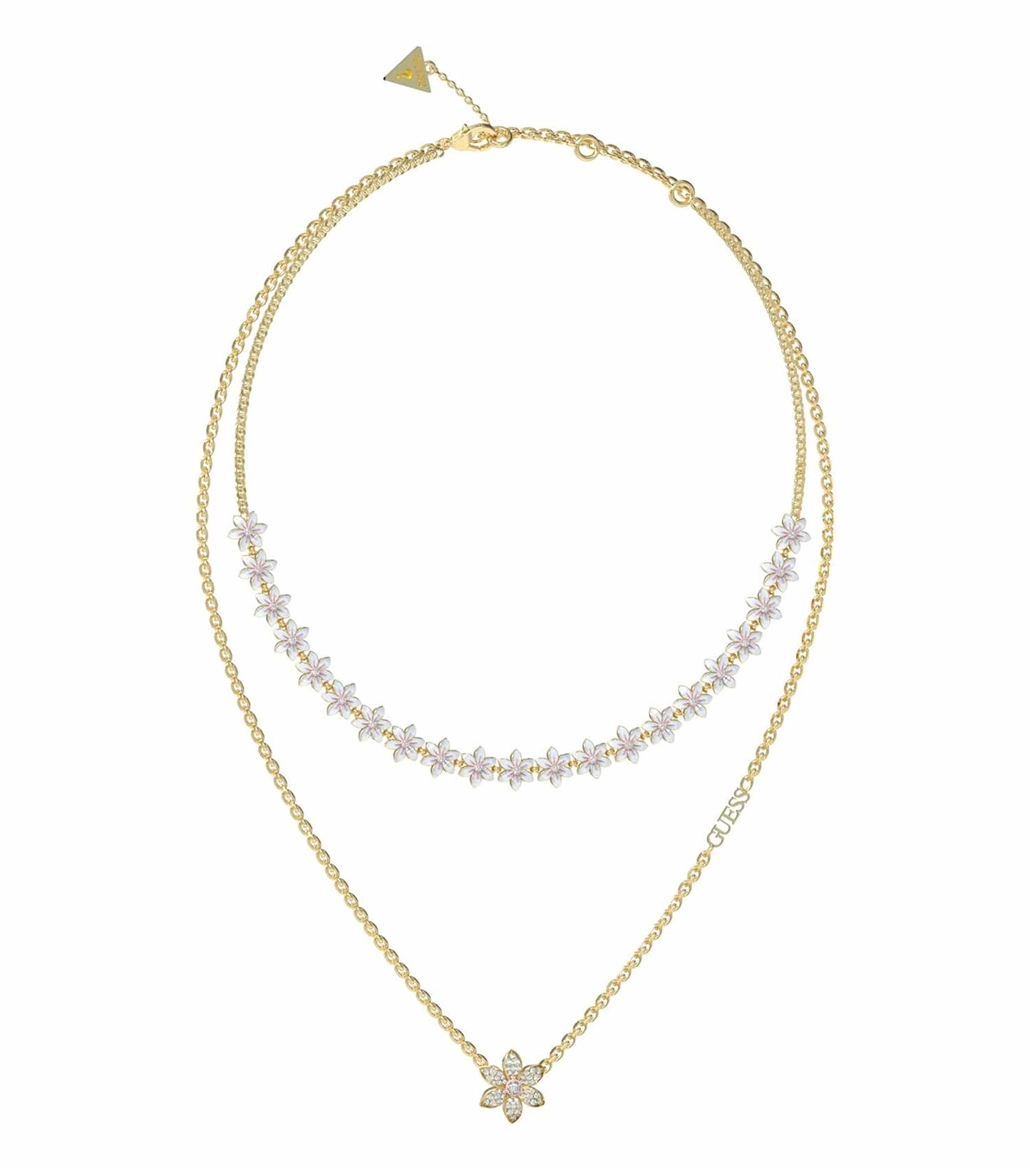 Gold Guess Jewellery necklace, elegantly displayed at a front-facing angle, showcasing its stunning craftsmanship and luxurious shine.