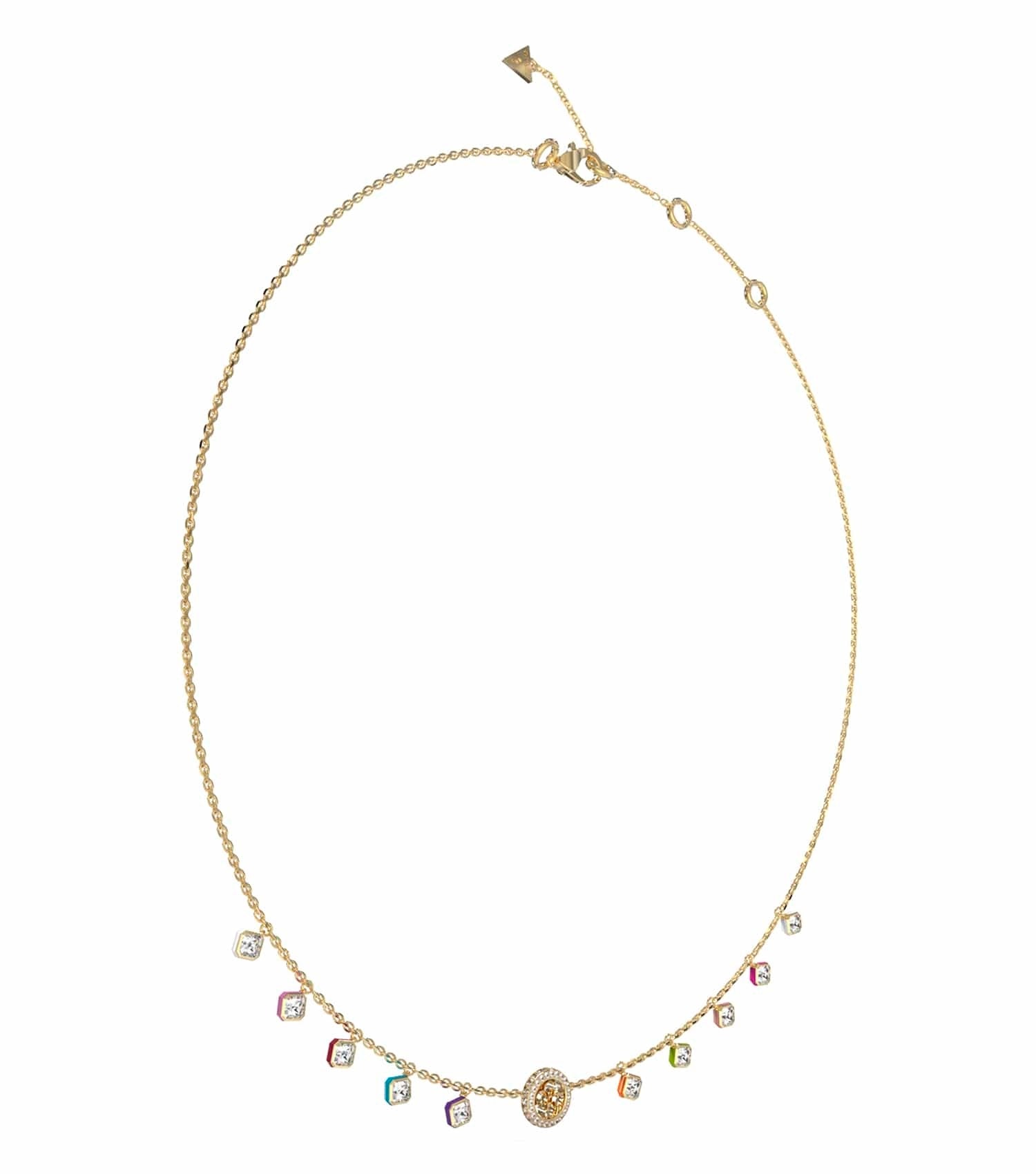 Guess Jewellery gold necklace showcased on a white surface, featuring a sleek design, captured from a top-view angle, with elegant charm.