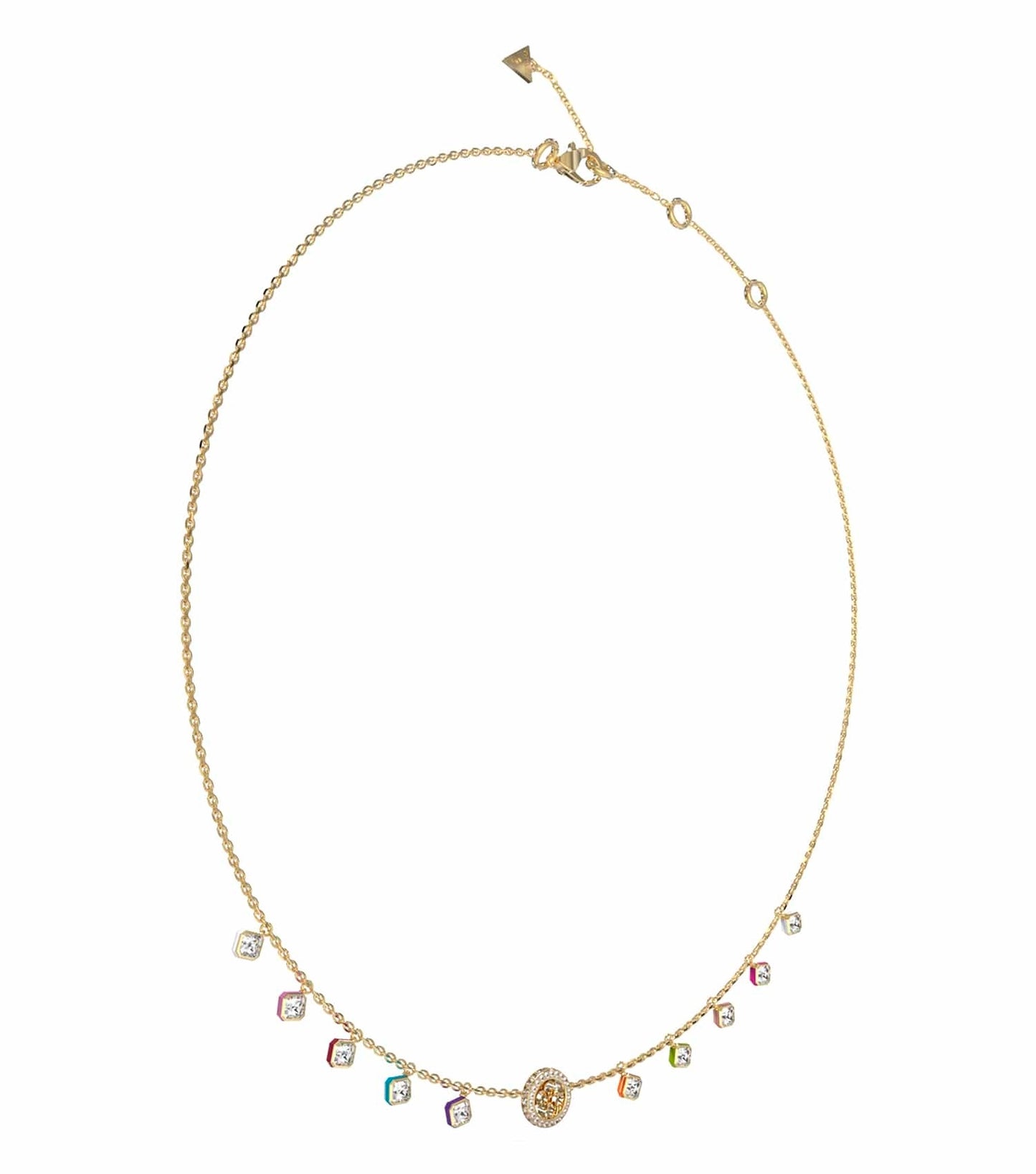 Guess Jewellery gold necklace showcased on a white surface, featuring a sleek design, captured from a top-view angle, with elegant charm.