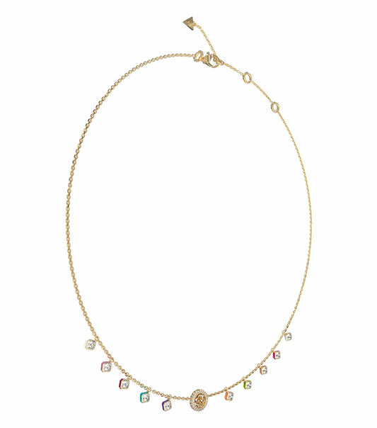 Guess Jewellery gold necklace showcased on a white surface, featuring a sleek design, captured from a top-view angle, with elegant charm.