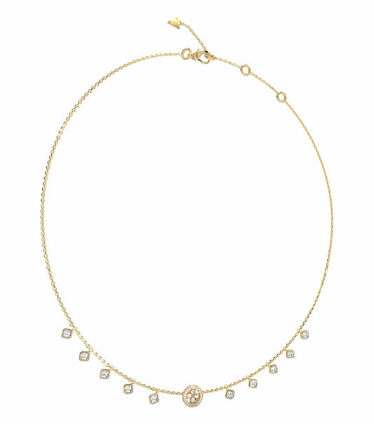 Guess Jewellery gold necklace angled to showcase elegant links and chic designer clasp, capturing timeless sophistication and luxury.