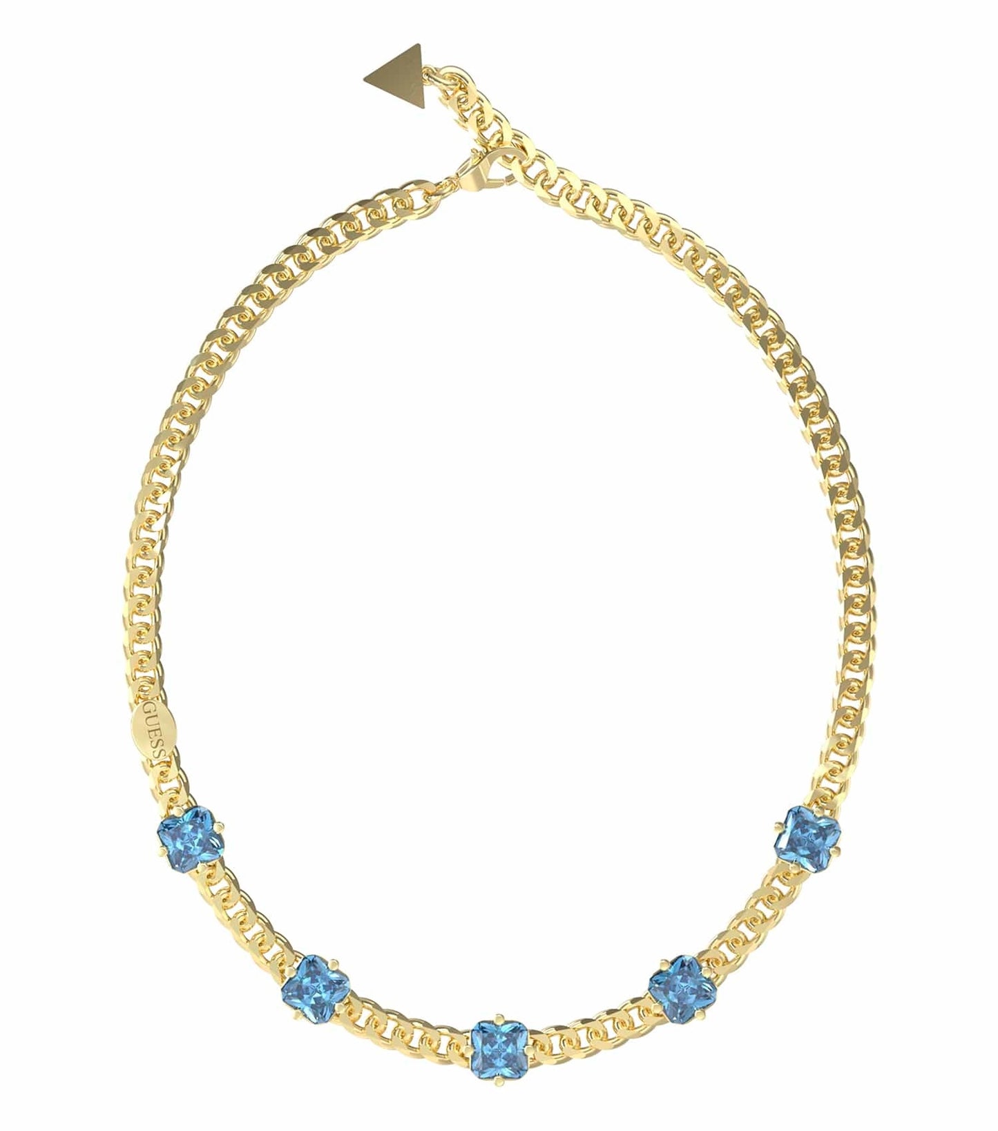 Guess Jewellery blue necklace, elegantly displayed front-facing, showcasing intricate design and vibrant coloration.