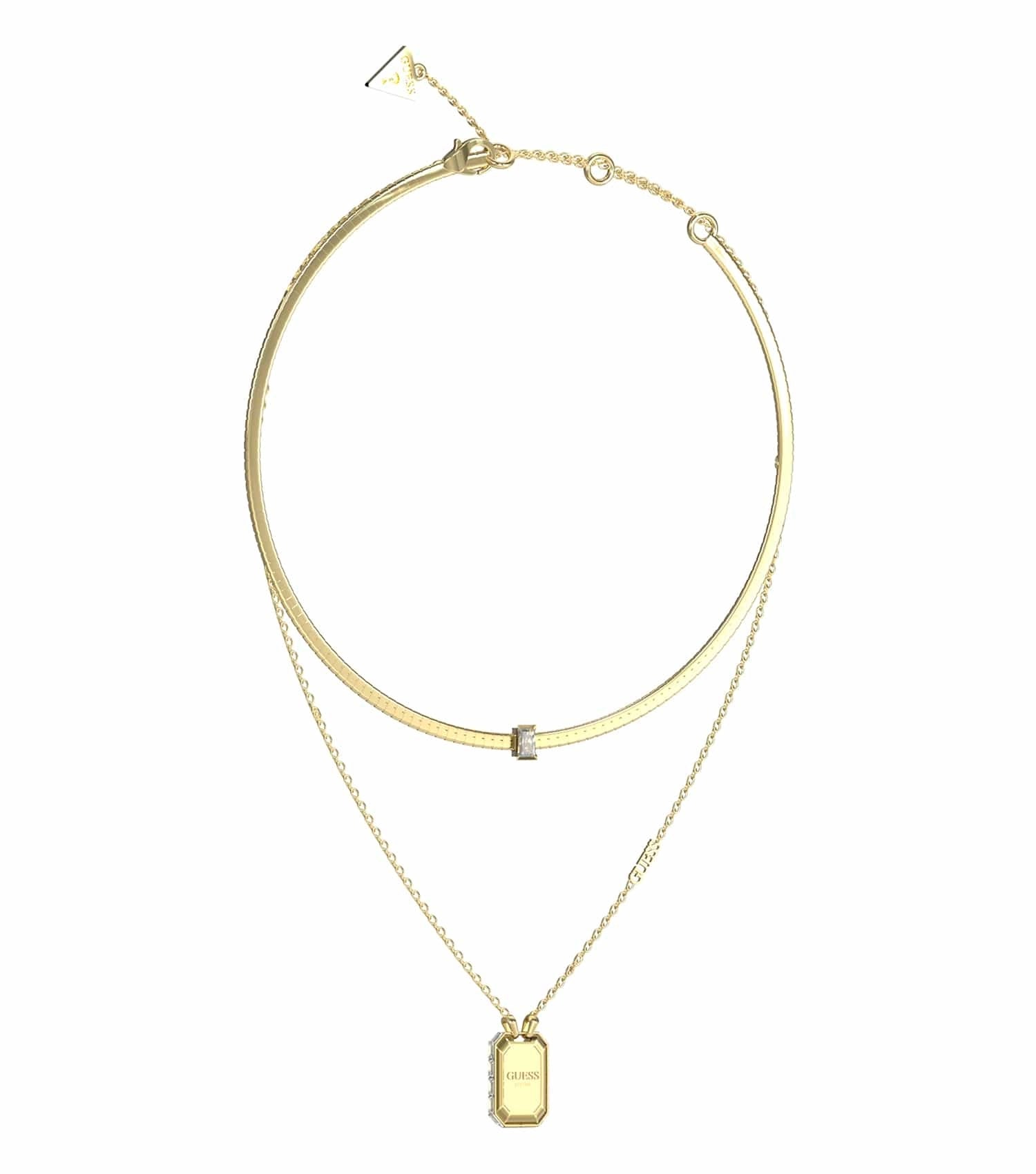 Gold Guess Jewellery necklace elegantly displayed at a slight angle, showcasing intricate design details and radiant shine.