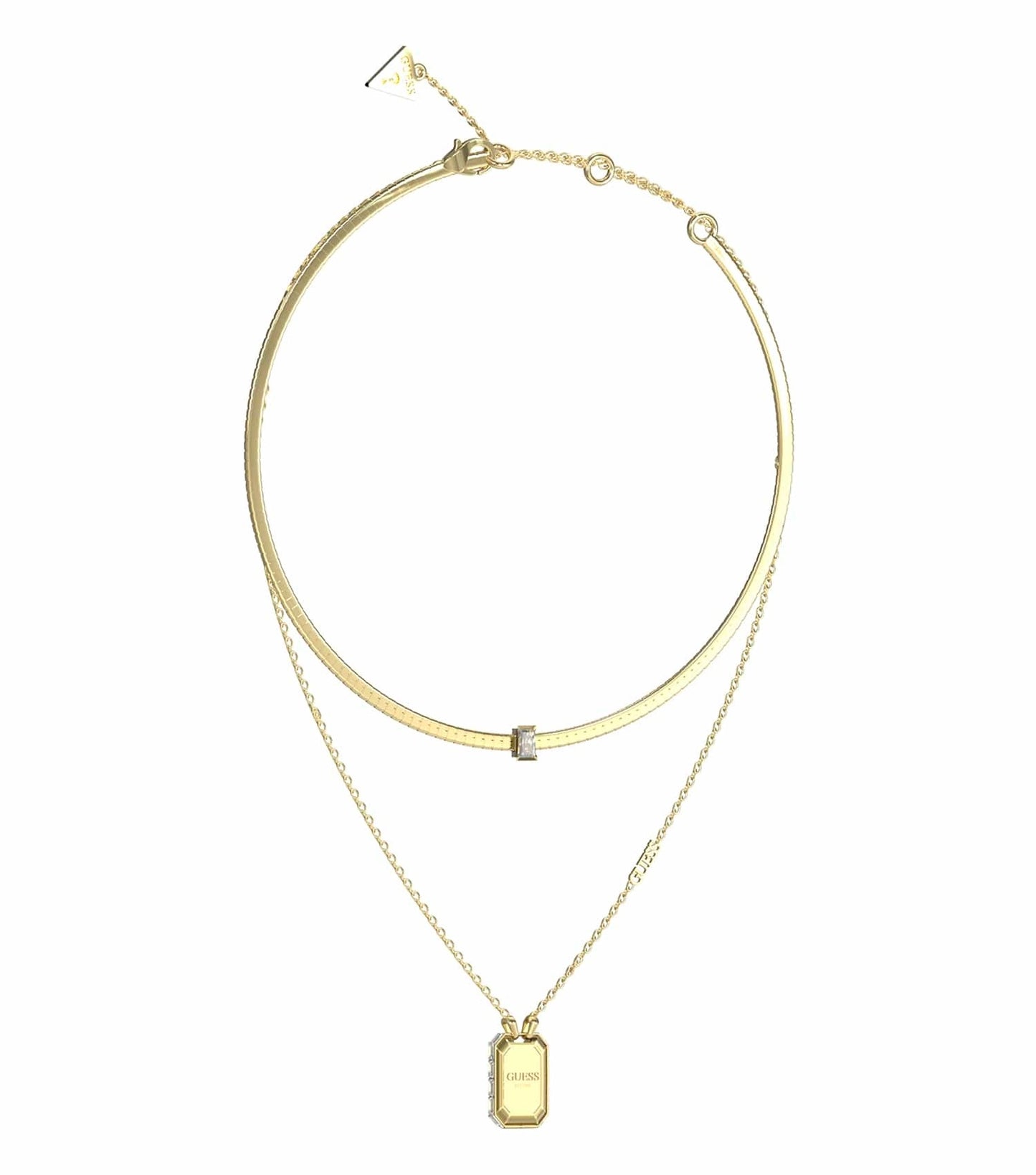 Gold Guess Jewellery necklace elegantly displayed at a slight angle, showcasing intricate design details and radiant shine.