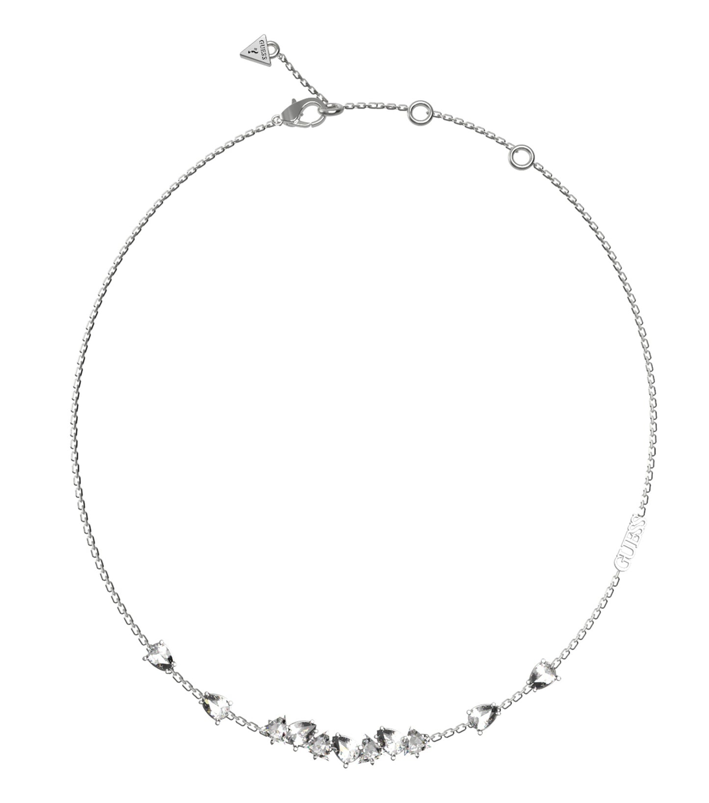 Silver Guess Jewellery necklace beautifully laid flat, showcasing its intricate design and elegant shine from a top-down angle.