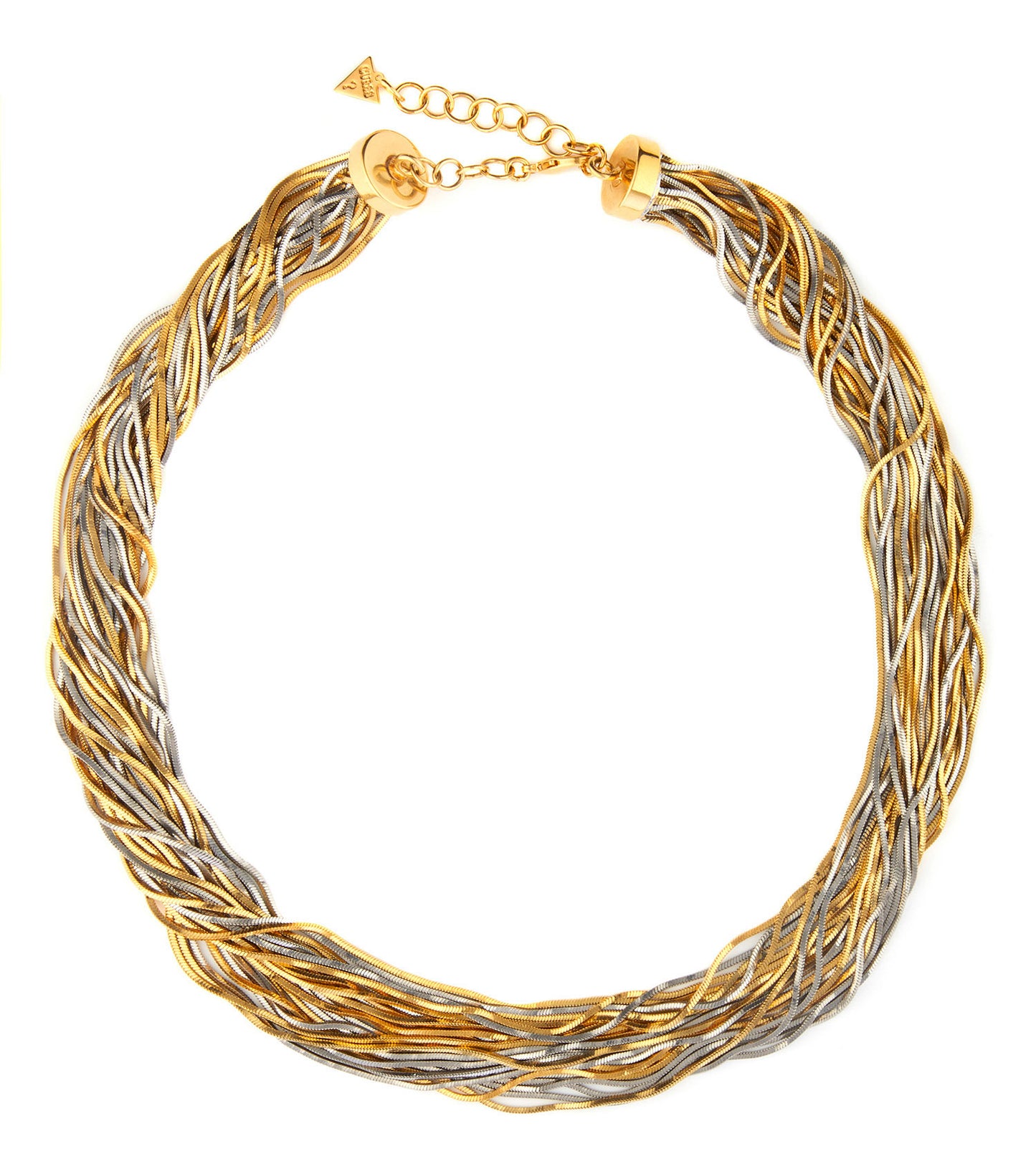 Elegant Guess Jewellery gold necklace displayed at a three-quarter angle, showcasing its intricate chain design and luxurious shine.