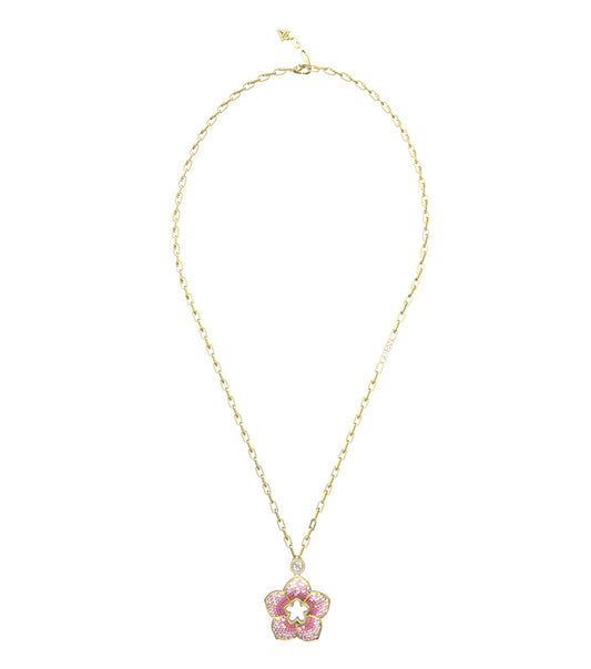 Guess Jewellery gold necklace, close-up angle showcasing its elegant chain and shimmering pendant, exuding luxury and sophistication.