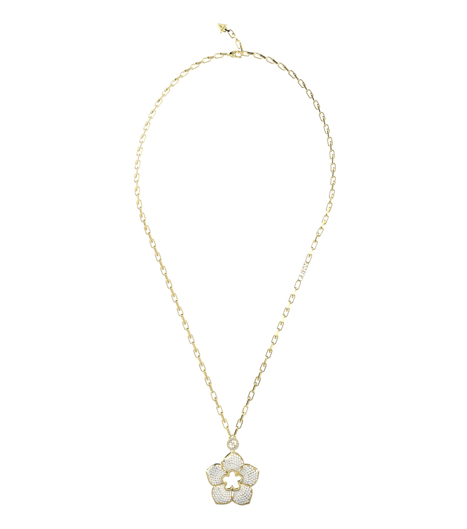 Gleaming gold Guess Jewellery necklace elegantly displayed front-facing, showcasing intricate link details with perfect craftsmanship.