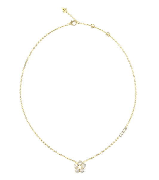 Gold-toned Guess Jewellery necklace, close-up angled view, featuring intricate chain links, exudes elegant glamour and style.