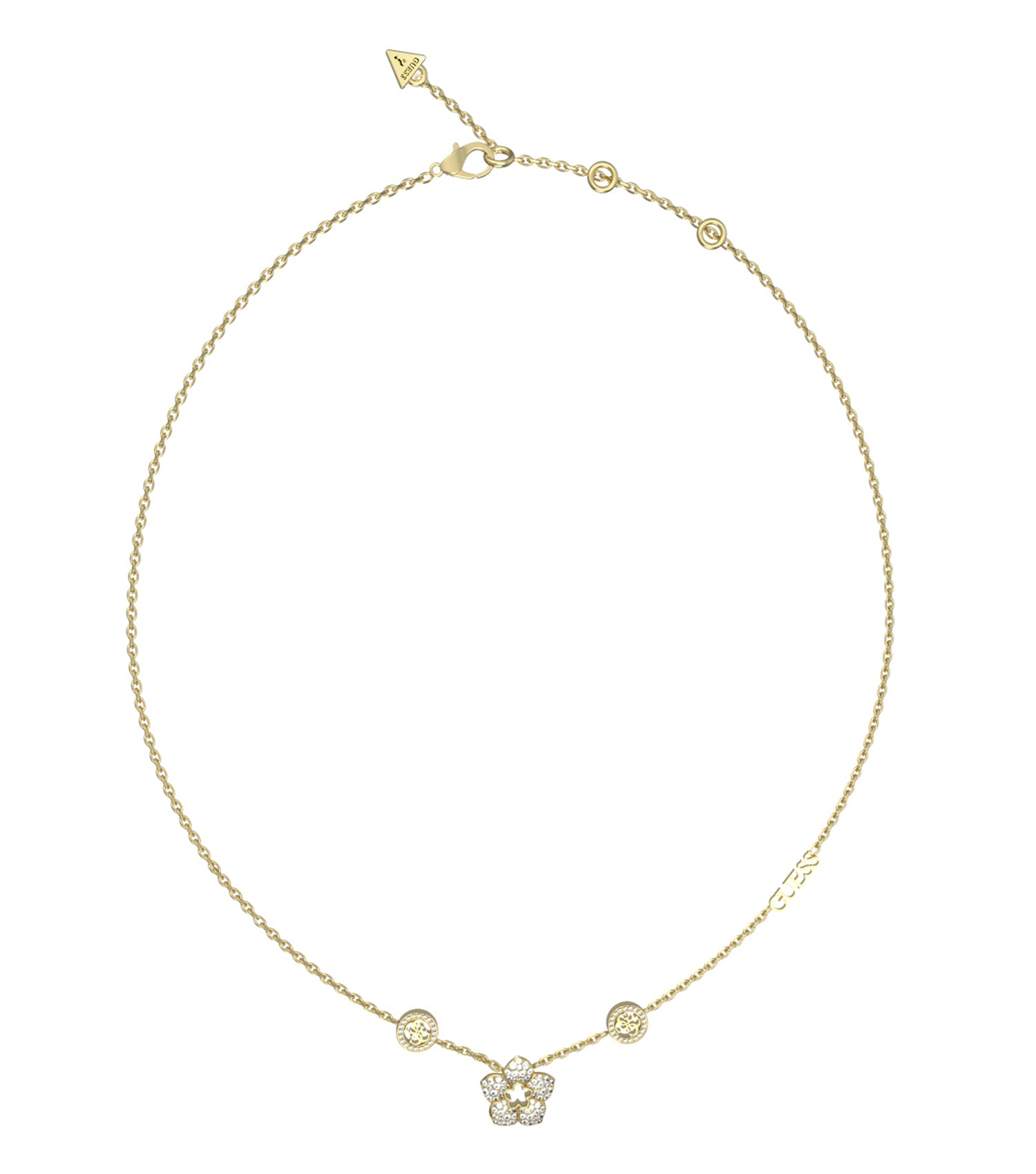 Guess Jewellery gold necklace with intricate design, displayed at a slight angle against a soft white background.