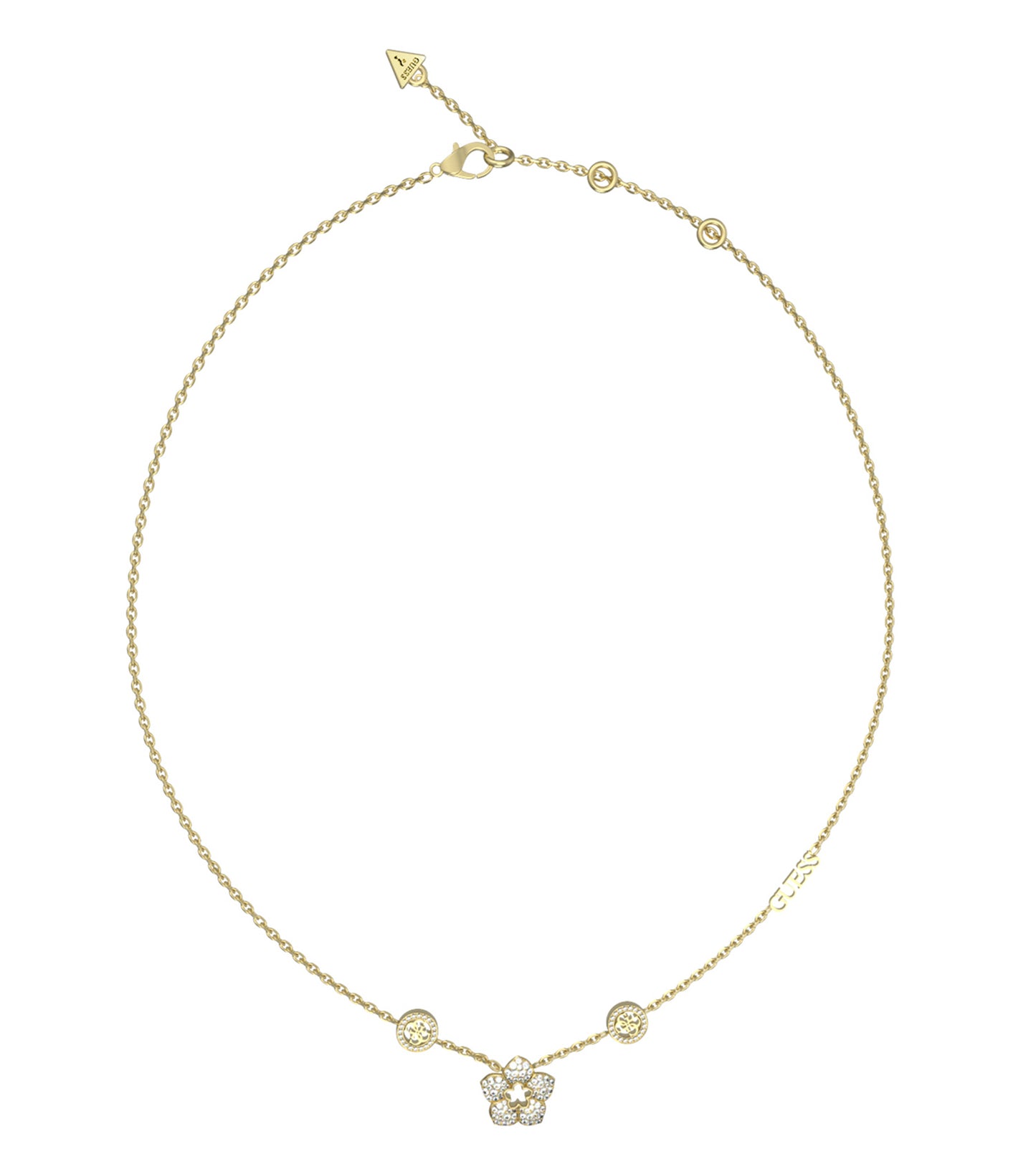 Guess Jewellery gold necklace with intricate design, displayed at a slight angle against a soft white background.