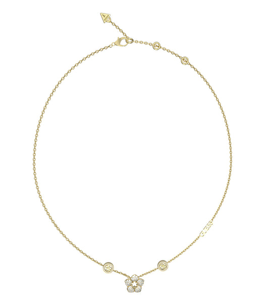 Guess Jewellery gold necklace with intricate design, displayed at a slight angle against a soft white background.