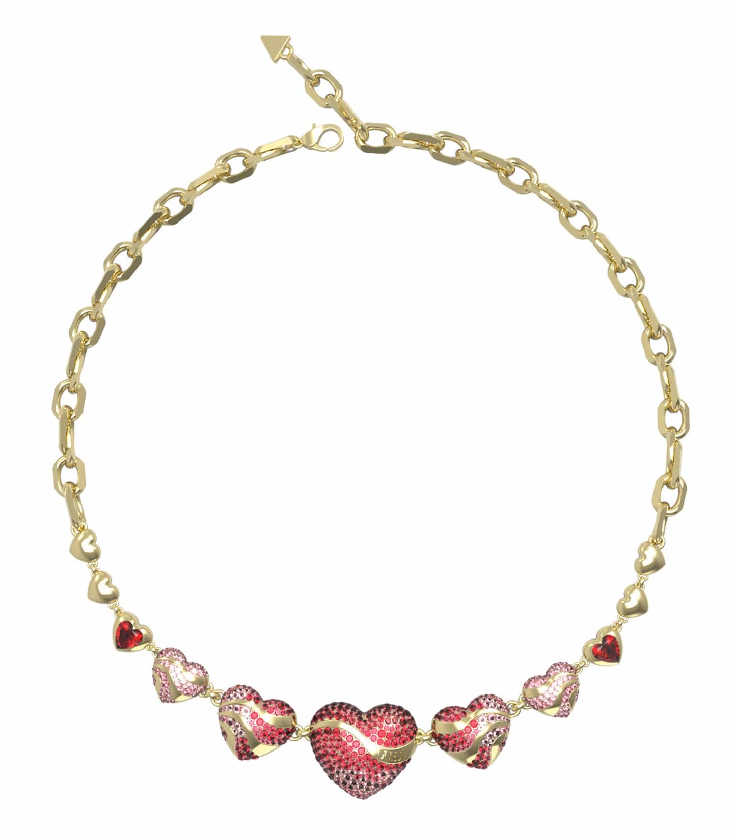 Guess Jewellery gold necklace, close-up angle showcasing sleek chain and elegant pendant on a white background.