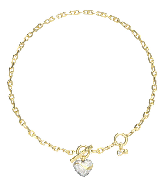 Guess Jewellery gold necklace showcasing a gleaming gold chain with an intricate pendant, side angle view, against white backdrop.