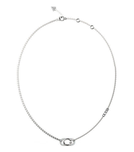 Guess Jewellery silver necklace captured in a dynamic close-up, showcasing its elegant design and refined craftsmanship.
