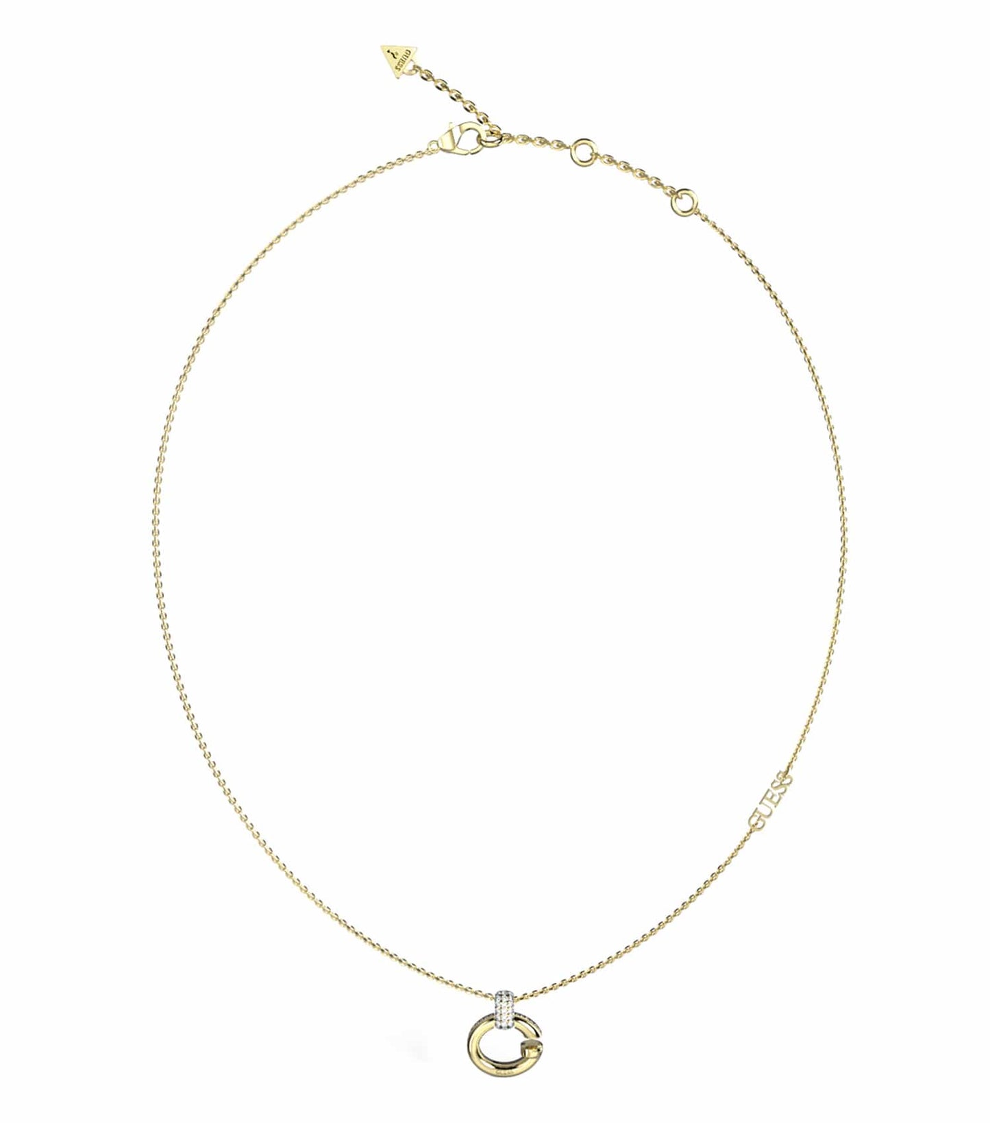Elegant Guess Jewellery necklace in gold color featuring a unique link design, displayed from an overhead angle against a white background.