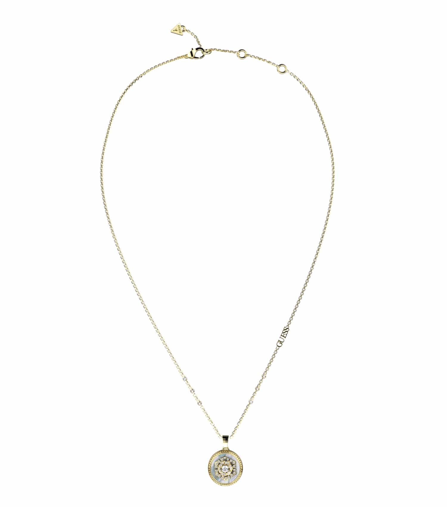 Gold Guess Jewellery necklace, with intricately designed overlapping leaves, shown close-up and angled to the left.