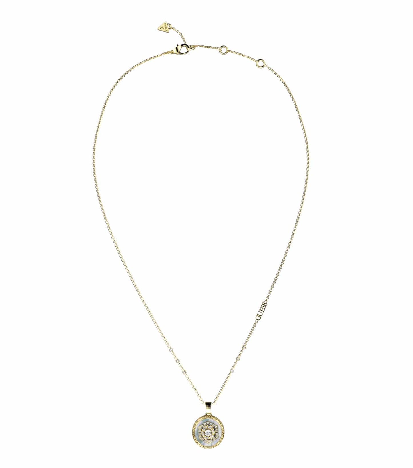 Gold Guess Jewellery necklace, with intricately designed overlapping leaves, shown close-up and angled to the left.