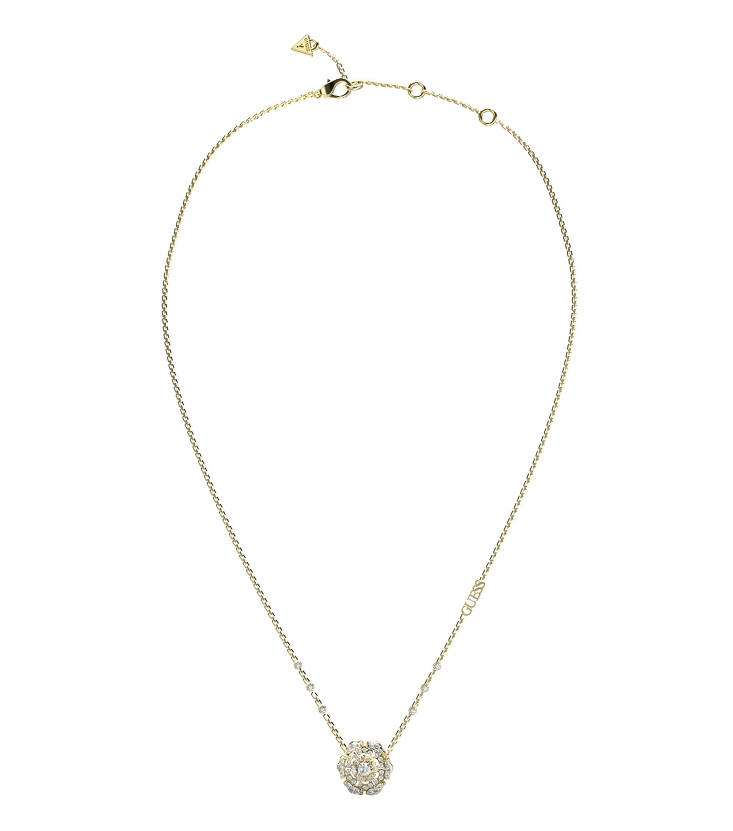 Gold Guess Jewellery necklace on a white surface, showcasing intricate chain design at a high-angle view, exuding elegance.