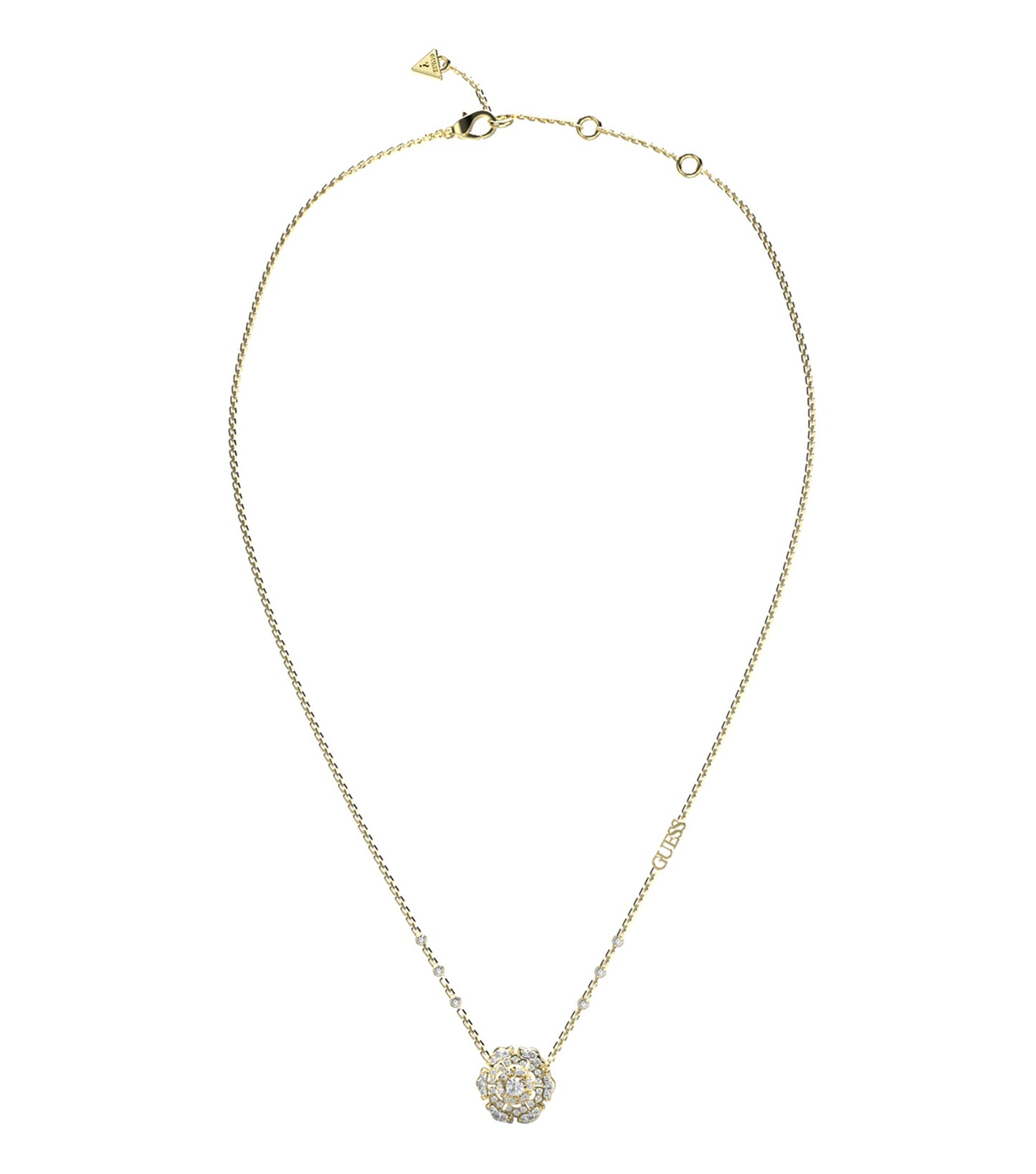 Gold Guess Jewellery necklace on a white surface, showcasing intricate chain design at a high-angle view, exuding elegance.