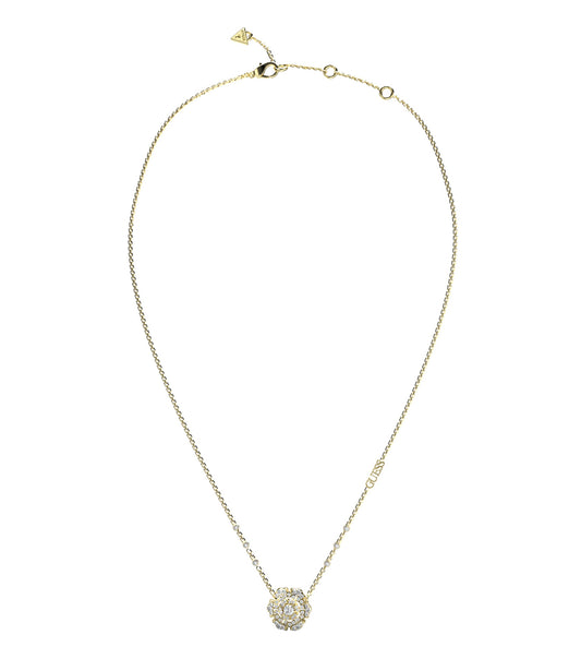 Gold Guess Jewellery necklace on a white surface, showcasing intricate chain design at a high-angle view, exuding elegance.
