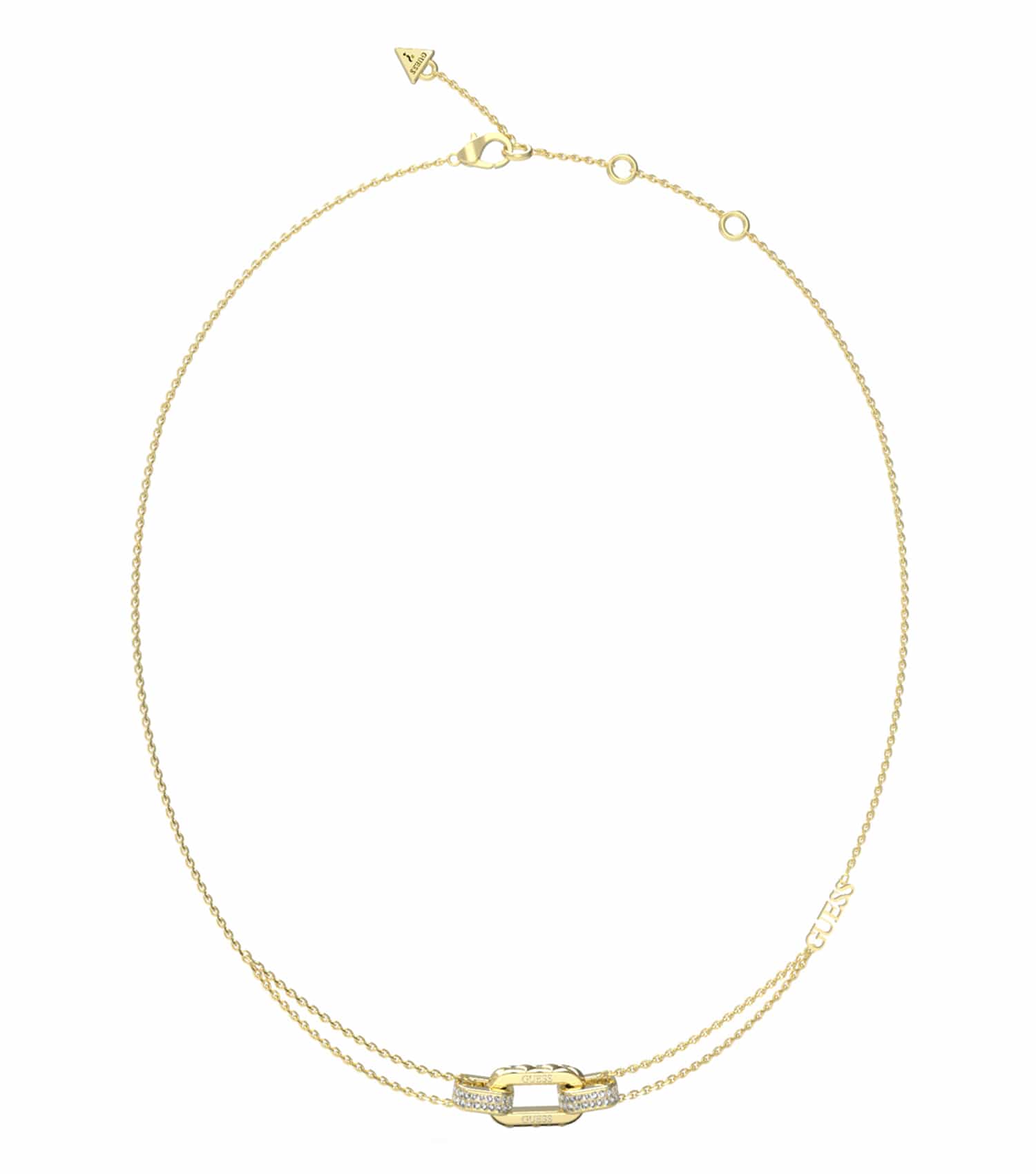 Gold-tone Guess Jewellery necklace, front-facing angle; intricate chain pattern, elegantly highlighted in striking gold color.