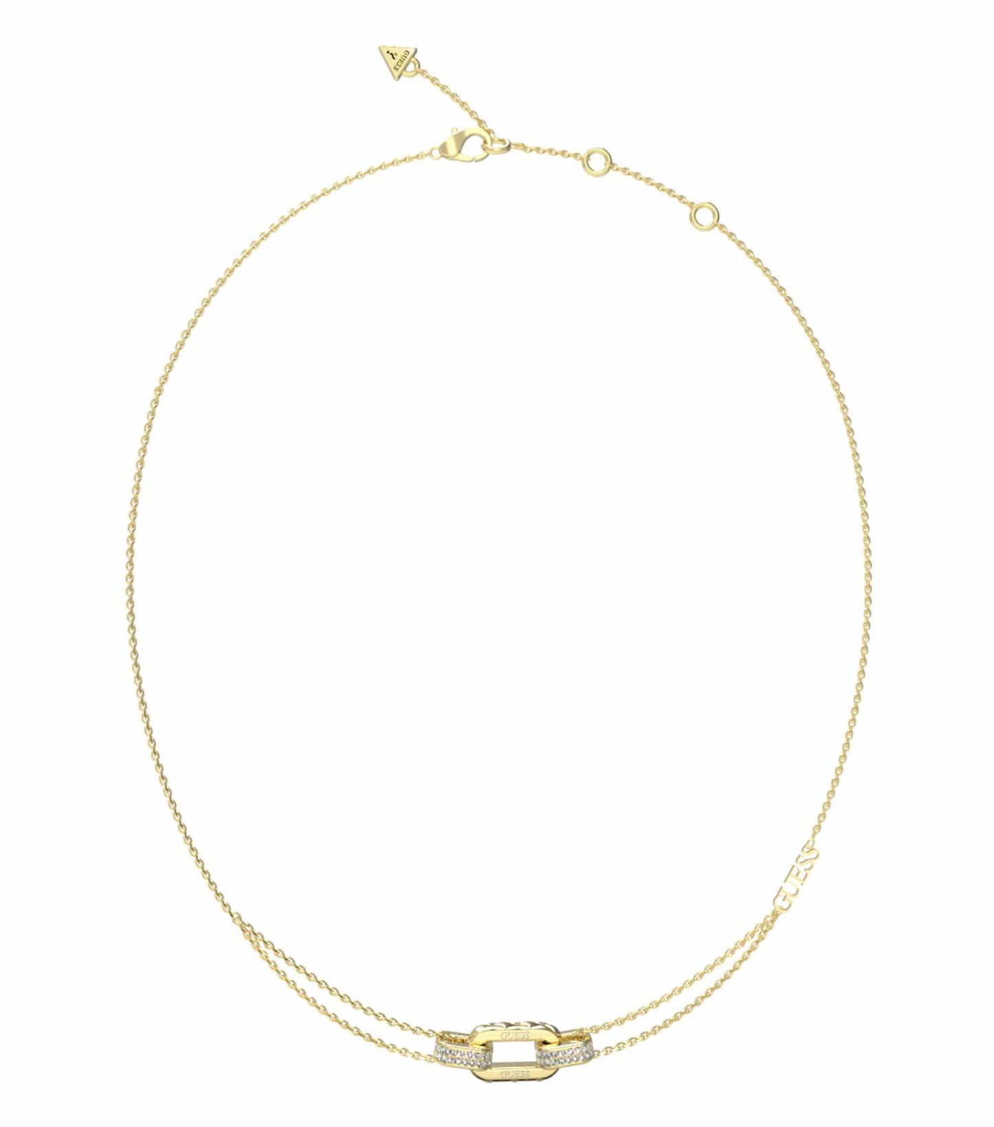 Gold-tone Guess Jewellery necklace, front-facing angle; intricate chain pattern, elegantly highlighted in striking gold color.