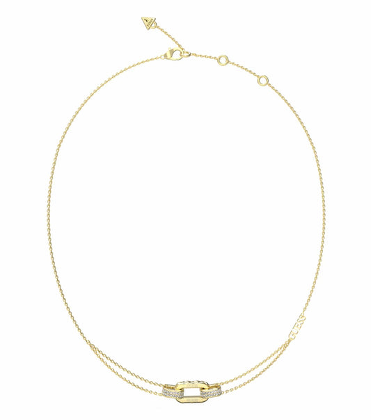 Gold-tone Guess Jewellery necklace, front-facing angle; intricate chain pattern, elegantly highlighted in striking gold color.