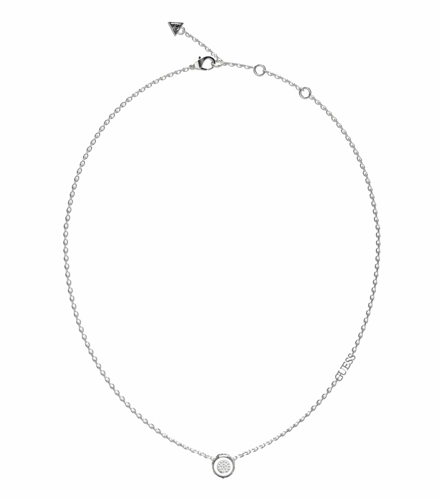  Elegant Guess Jewellery necklace in silver color, gracefully captured in a front-facing angle, showcasing the brand's timeless design.