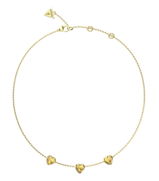 Elegant Guess Jewellery gold necklace, showcasing a classic front view with intricate chain links and a central logo charm.
