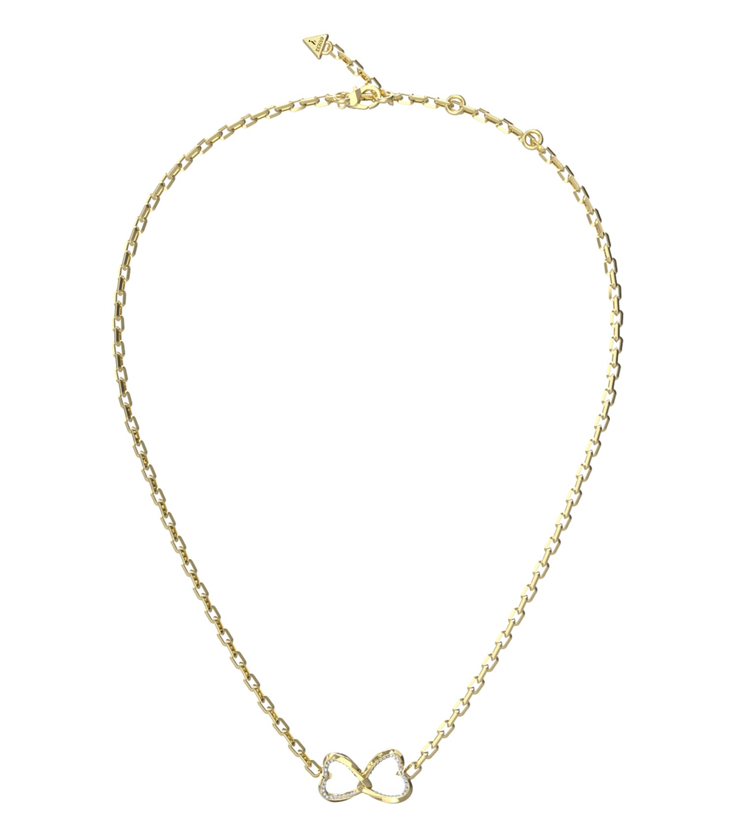 Guess Jewellery gold necklace with intricate link design, showcased in a stylish close-up angle highlighting its elegant craftsmanship.