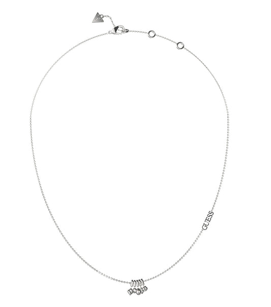 Guess Jewellery silver necklace, a sophisticated piece showcasing elegant chain design, captured from a front angle, reflecting modern elegance.