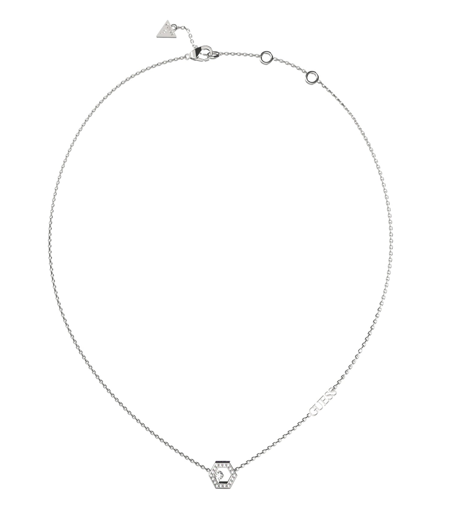 Silver necklace by Guess Jewellery, showcasing elegant design in frontal angle; perfect fusion of style and modern charm.