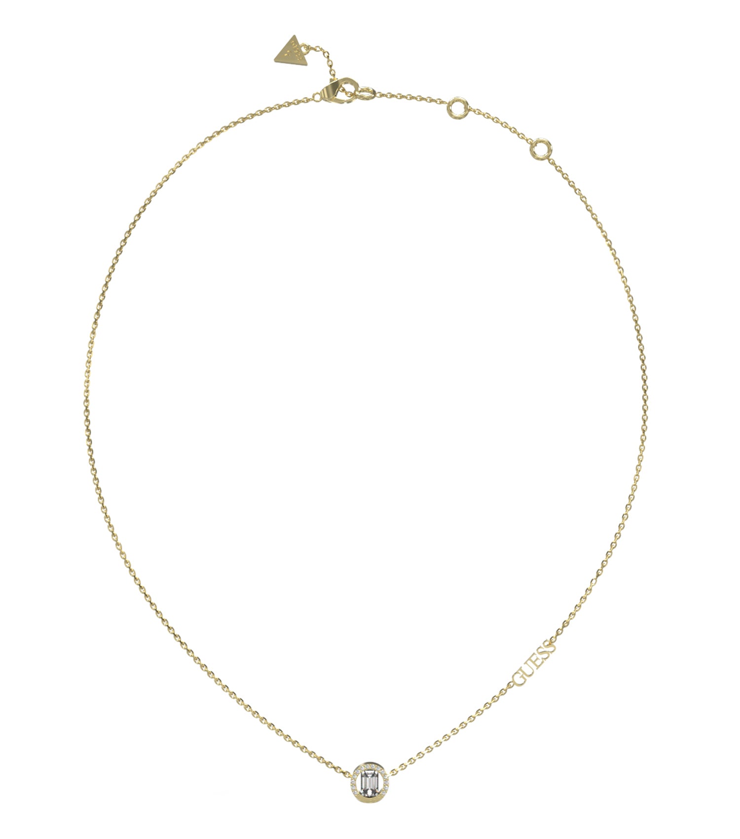 Guess Jewellery gold necklace, chic design, front angle view, featuring delicate chain and elegant charm detailing.