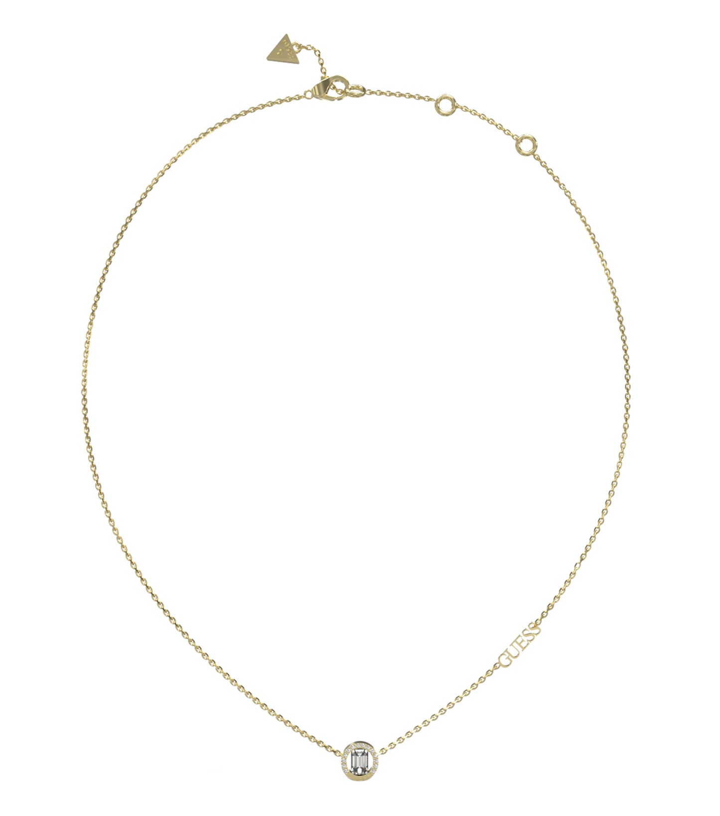 Guess Jewellery gold necklace, chic design, front angle view, featuring delicate chain and elegant charm detailing.