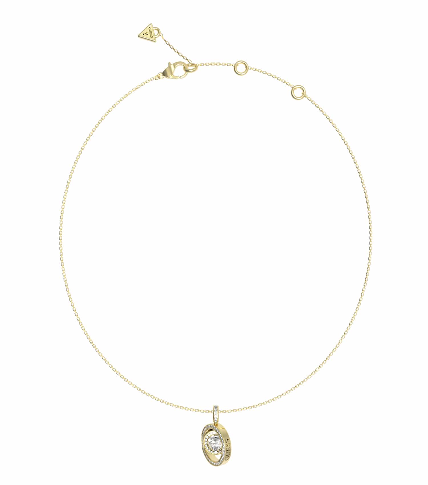 Elegant Guess Jewellery necklace in vibrant gold, showcasing a stylish chain and pendant design, captured from a frontal angle.