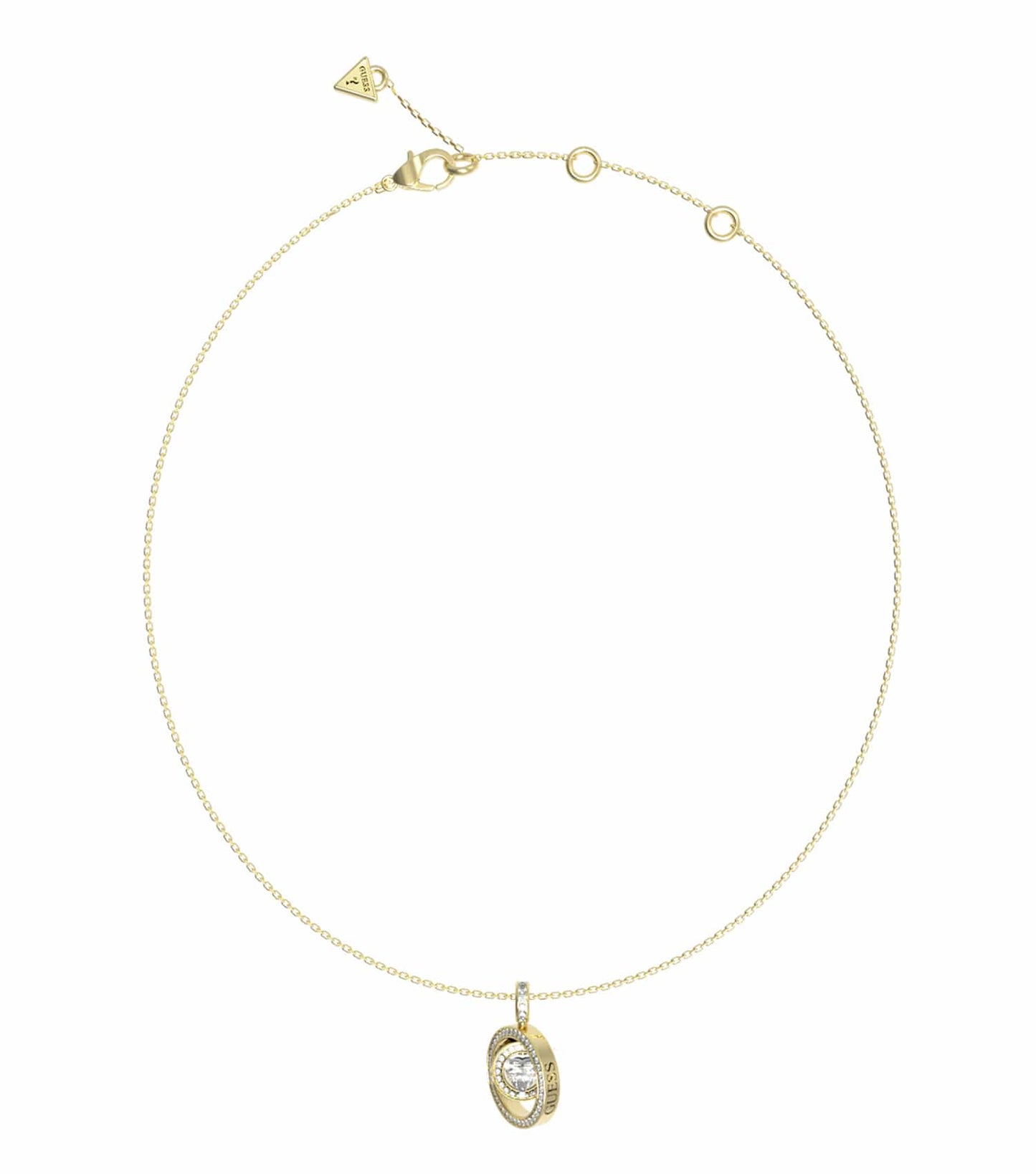 Elegant Guess Jewellery necklace in vibrant gold, showcasing a stylish chain and pendant design, captured from a frontal angle.