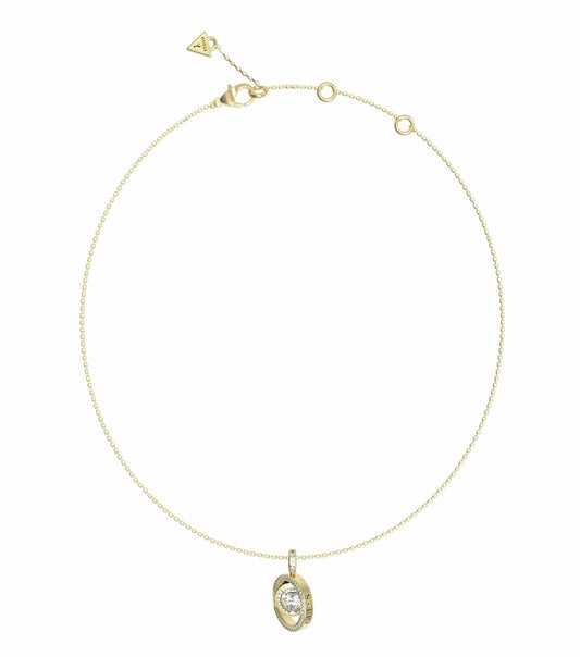 Elegant Guess Jewellery necklace in vibrant gold, showcasing a stylish chain and pendant design, captured from a frontal angle.