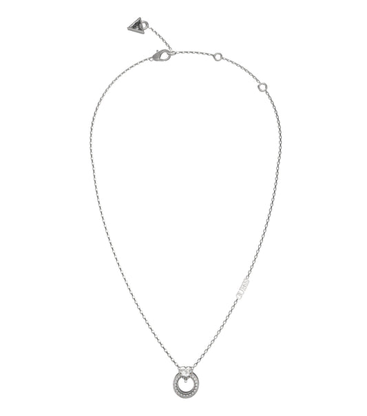 Silver Guess Jewellery necklace, elegantly displayed at a 45-degree angle, showcasing intricate chain details and branded charm.