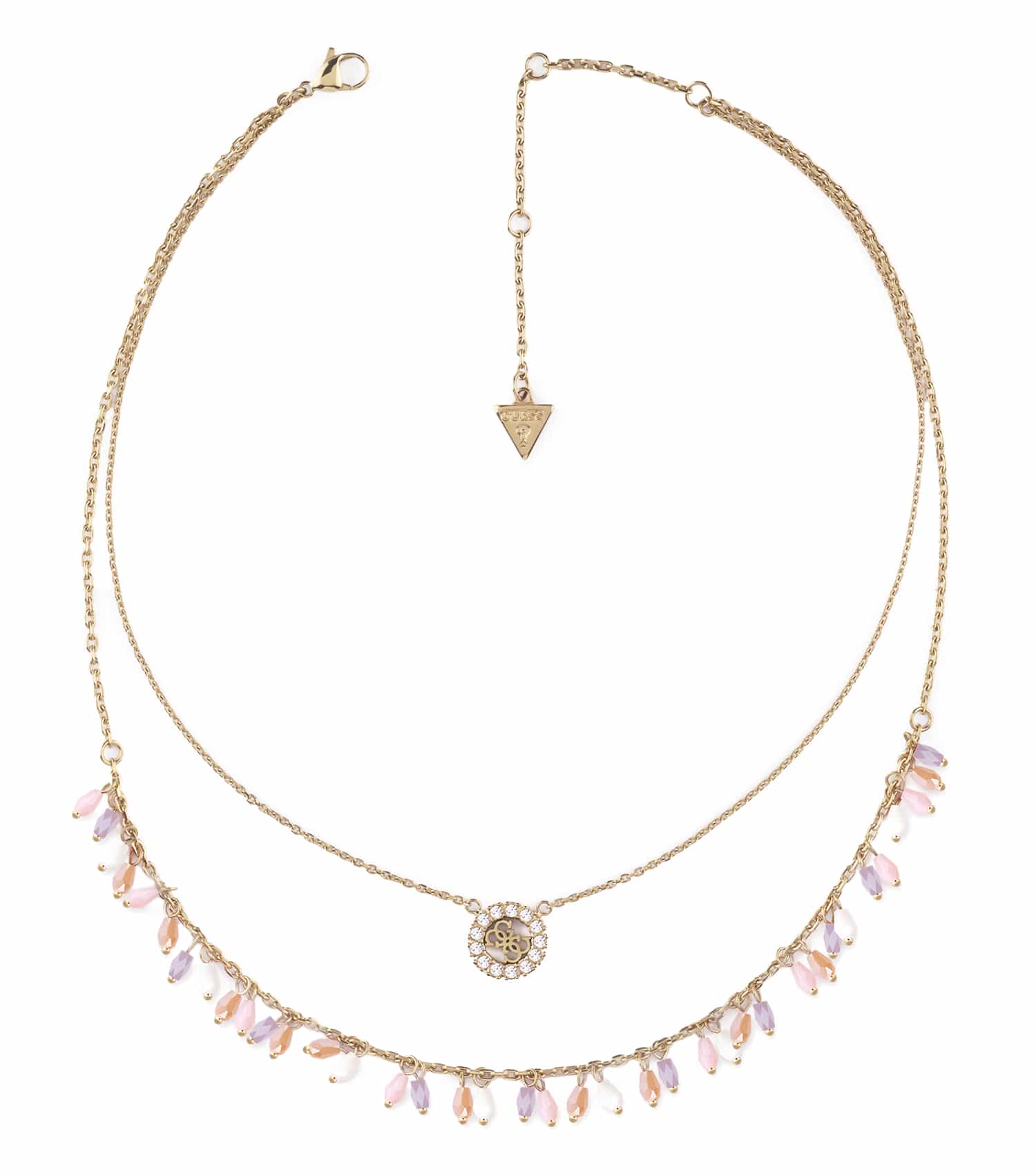 Guess Jewellery gold necklace, front view, featuring a stylish chain design that reflects elegance and timeless sophistication.