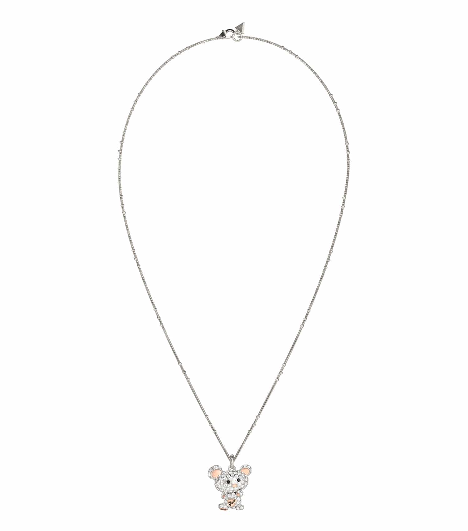 Guess Jewellery silver necklace in an elegant design, front angled view, showcasing its sleek chain and polished pendant.