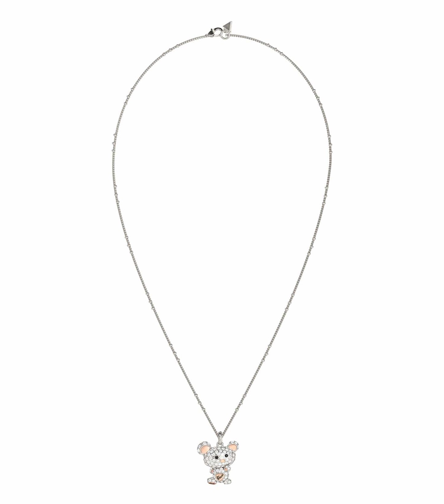 Guess Jewellery silver necklace in an elegant design, front angled view, showcasing its sleek chain and polished pendant.