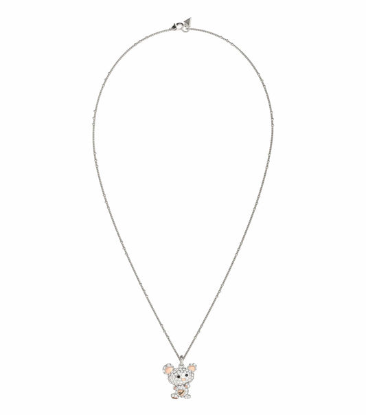 Guess Jewellery silver necklace in an elegant design, front angled view, showcasing its sleek chain and polished pendant.