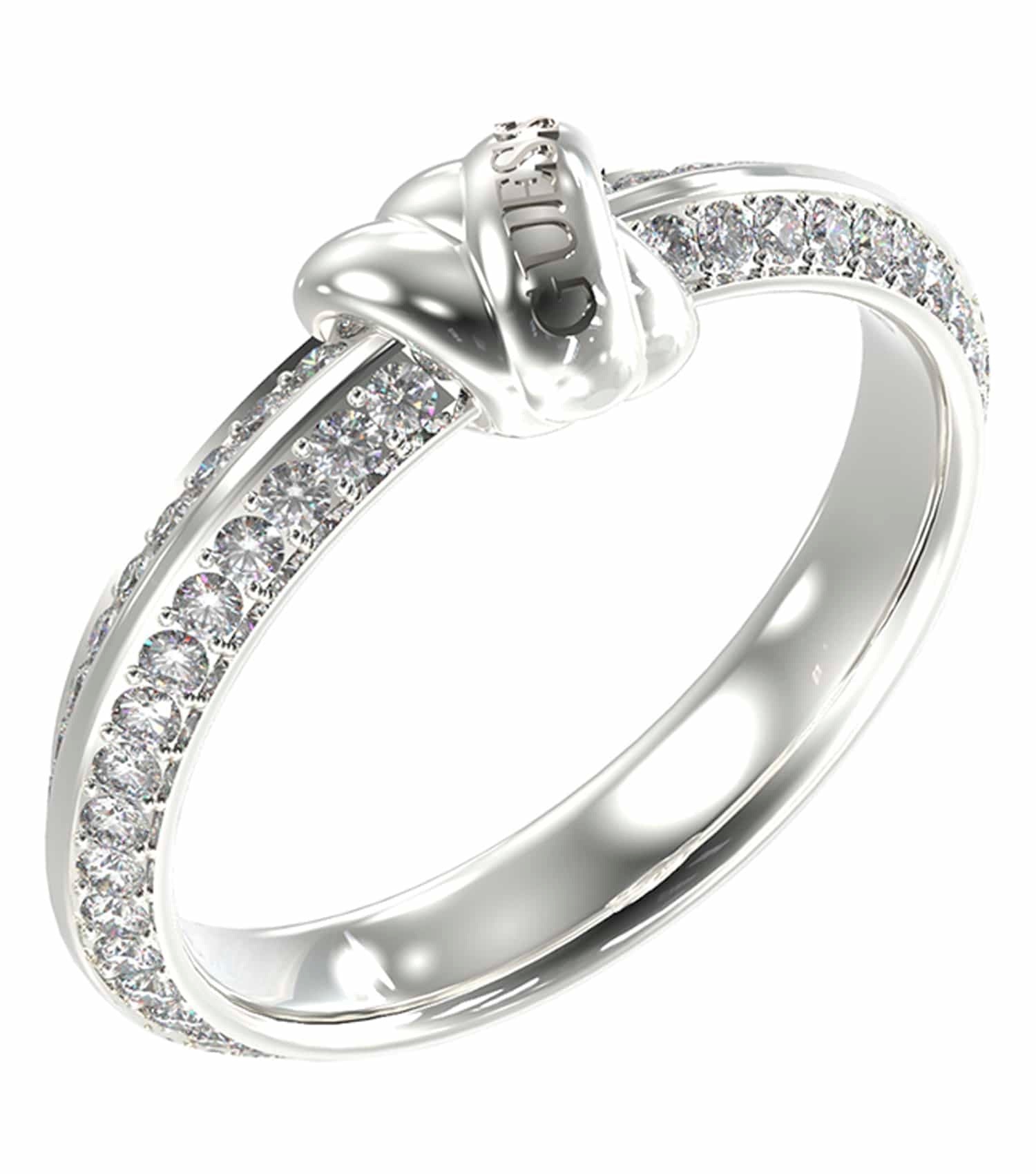 Guess Jewellery silver ring, round shape, elegantly designed, gleaming finish, captured at a frontal angle, showcasing exquisite craftsmanship.