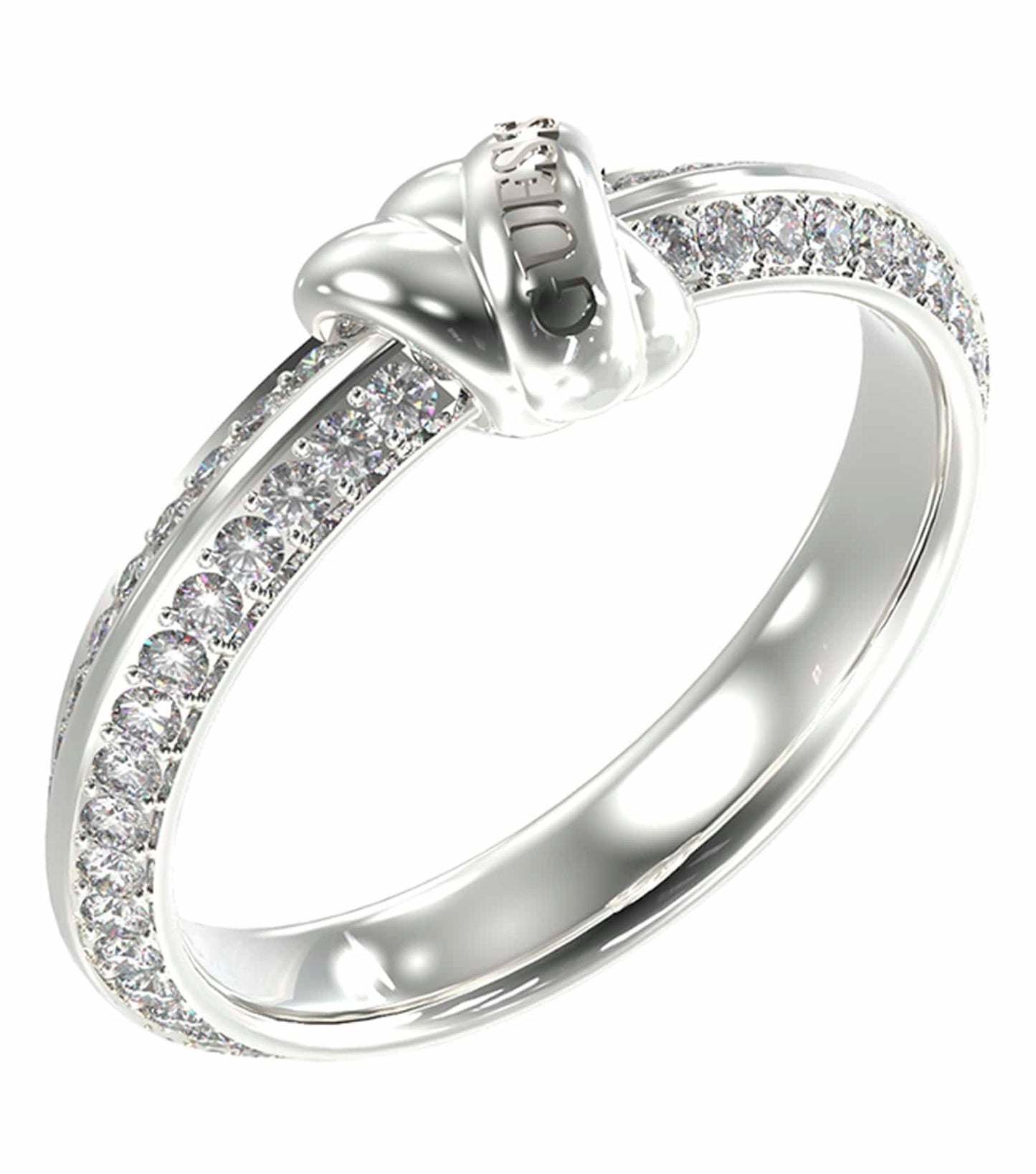 Guess Jewellery silver ring, round shape, elegantly designed, gleaming finish, captured at a frontal angle, showcasing exquisite craftsmanship.