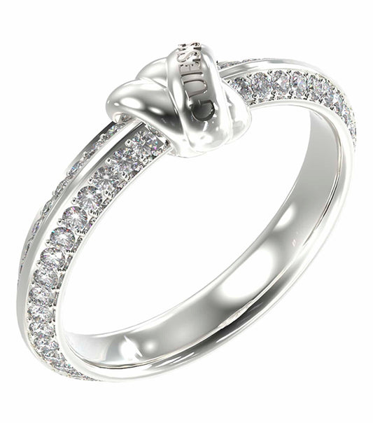 Guess Jewellery silver ring, round shape, elegantly designed, gleaming finish, captured at a frontal angle, showcasing exquisite craftsmanship.